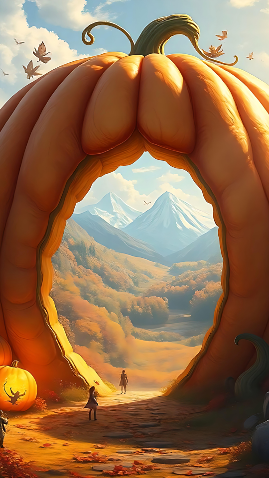 Attraversa il Portale di Zucca: Una Fantasia del Ringraziamento Una zucca gigante e luminosa trasformata in un arco magico, circondata da una foresta autunnale, che conduce a lontane montagne innevate.