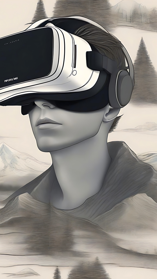 Tauchen Sie ein in virtuelle Dimensionen mit dieser atemberaubenden VR-Szene VR-Headset-Benutzer inmitten einer ruhigen Berglandschaft, Technologie und Natur verschmelzend.