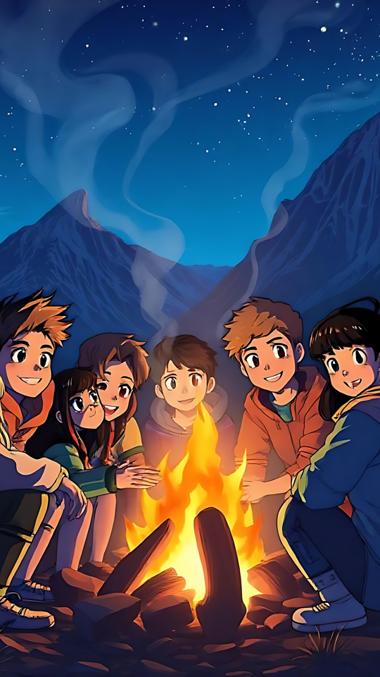 Magical Anime Night by the Campfire Anime-style group of friends gathered around a campfire under a starry night with mountains in the background.