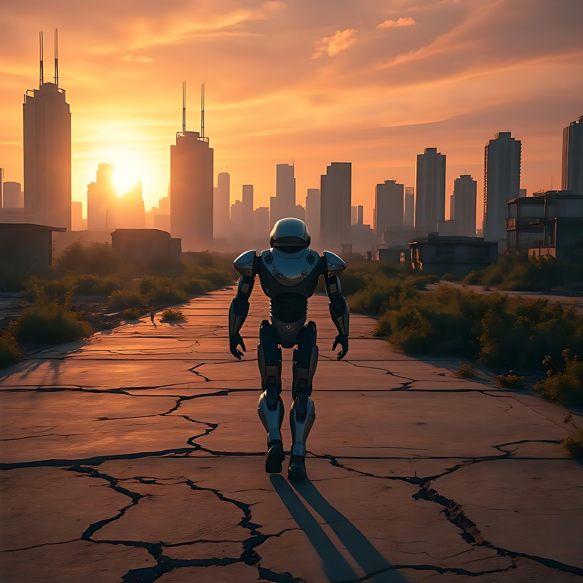 Viagem ao Pôr do Sol: Robô em Uma Paisagem Urbana Distópica Um robô solitário caminhando por uma estrada rachada em direção a uma paisagem urbana iluminada pelo sol cercada por ruínas.