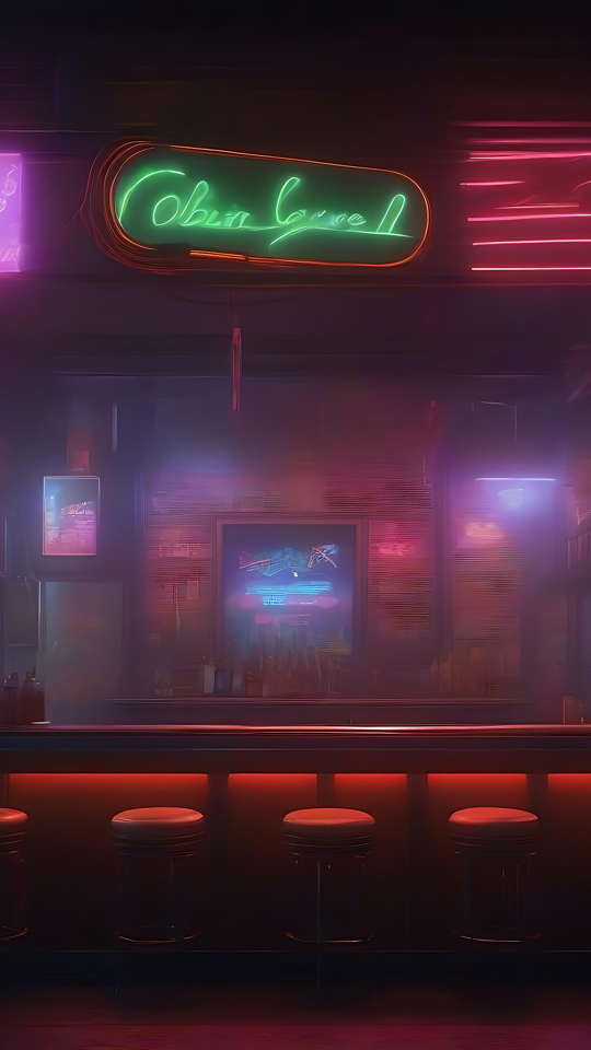 Treten Sie ein in eine Retro Neon Cyberpunk Bar Retro-Cyberpunk-Neonbar mit leuchtenden Schildern und atmosphärischem Dunst.
