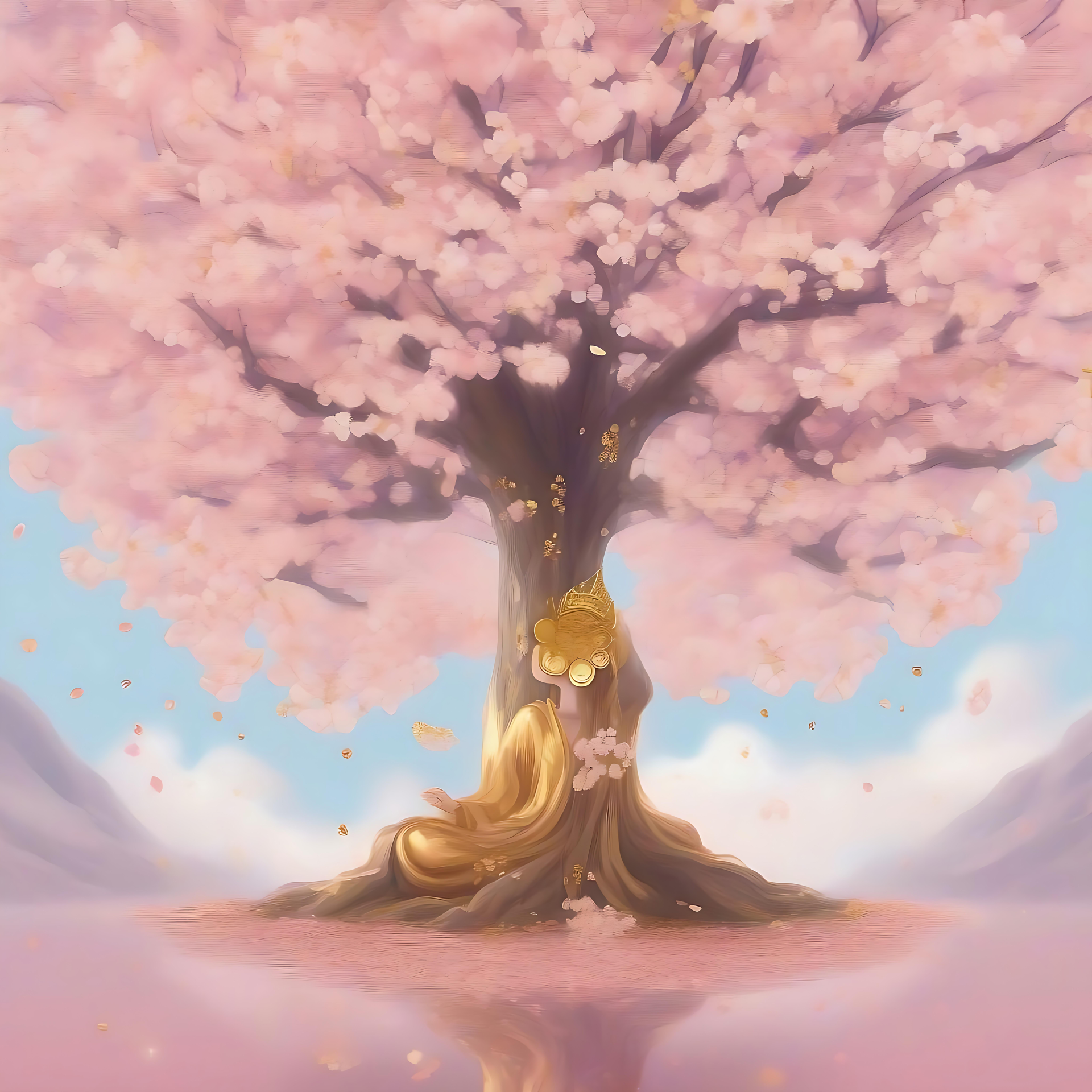 Drömlikt körsbärsträd i ett stillsamt fantasylandskap Ett vackert levande körsbärsträd i animestil med rosa blommor i en fantasimiljö och gyllene ornament.