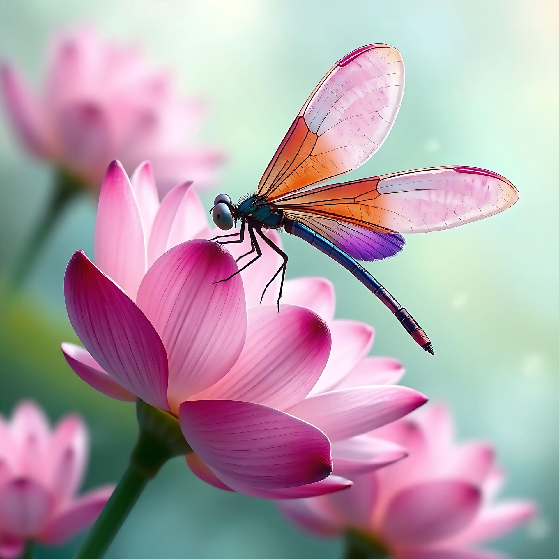 Serena Libélula Anime em Lótus Florescente Libélula em estilo anime pousada em uma flor de lótus rosa florescendo com um fundo pastel suave.