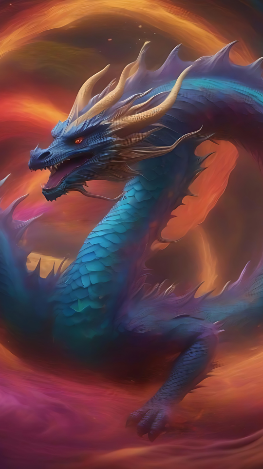 A Fiery Symphony – The Two-Headed Majestic Dragon Magnificent 3D artwork of a two-headed dragon surrounded by fiery swirling colors.