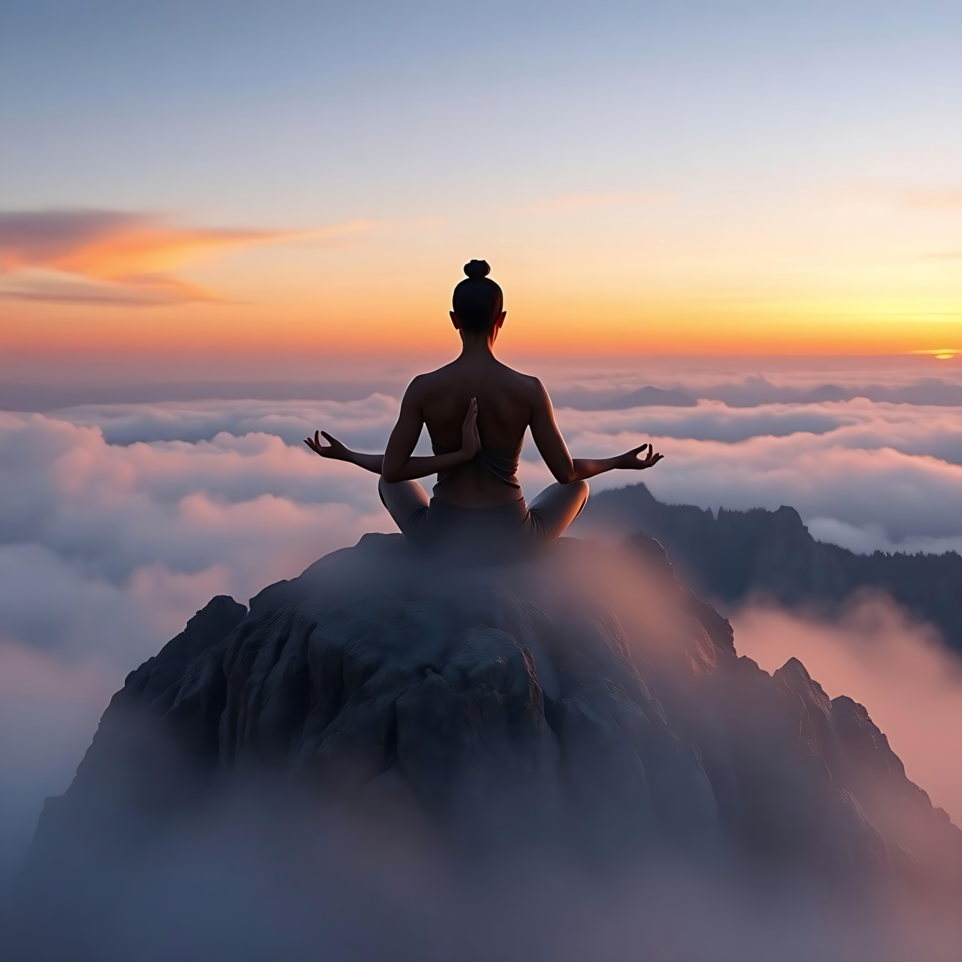 Serenity Above the Clouds - A New Year Meditation Wallpaper Meditative figure on a mountain peak at sunrise surrounded by clouds.