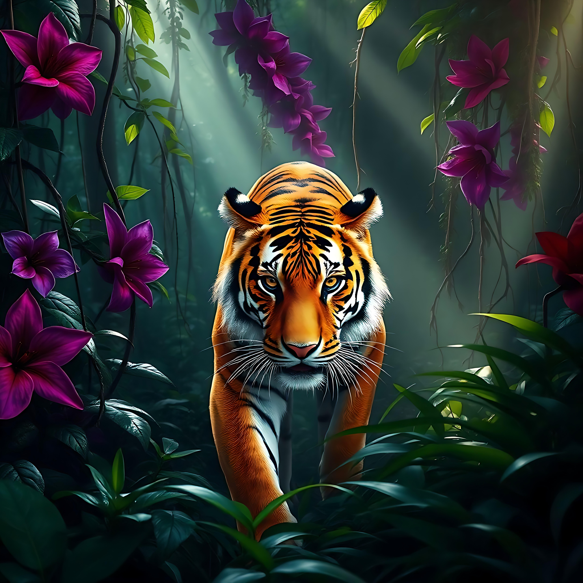 Le Regard Énigmatique d'un Tigre dans une Jungle Fantastique Luxuriante Un tigre rôdant dans une jungle vibrante avec des fleurs violettes et la lumière du soleil filtrant à travers les arbres.