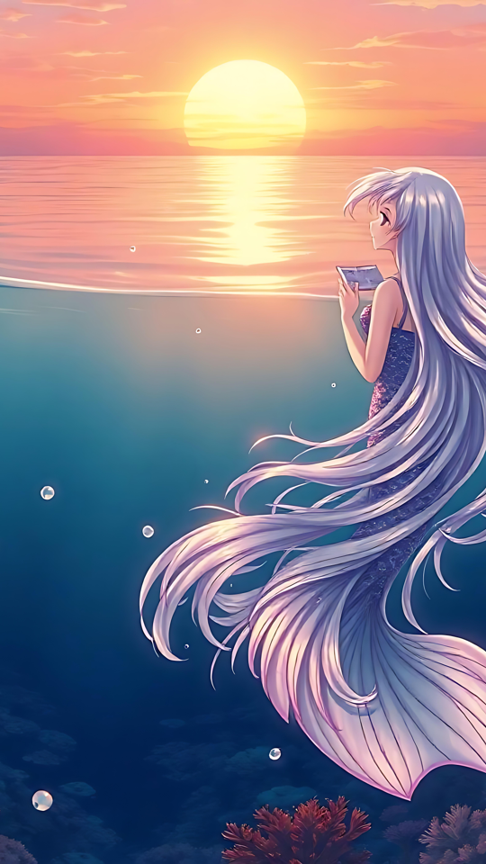 Um Mergulho Fascinante no Mundo de uma Sereia de Anime Sereia de anime etérea flutuando sob águas iluminadas pelo pôr do sol com recifes de coral e bolhas.