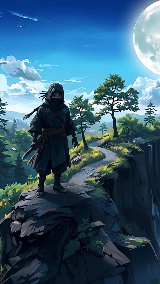 Ay Işığı Alan Uçurumun Altındaki Yalnız Ninja Orman fonuyla ay ışığı alan bir uçurumun üzerinde duran yalnız bir ninjanın anime tasviri.