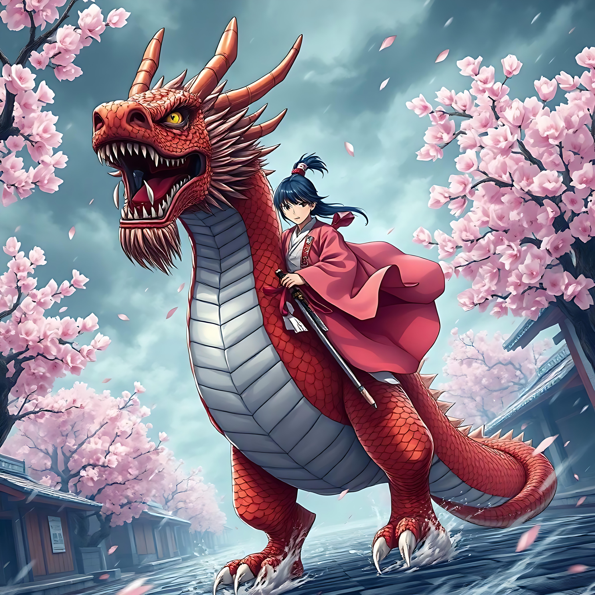 Episk Anime Kunst: Samurai-pige og hendes Røde Drage Anime-kunstværk af en samurai-pige, der rider på en rød drage omgivet af kirsebærblomster.