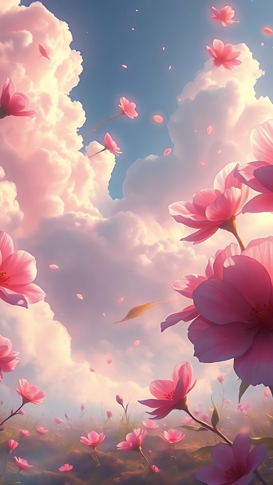 Uma paisagem sonhadora de flores cor-de-rosa e nuvens fofinhas Uma imagem encantadora de flores rosas contra um céu sereno com nuvens fofinhas.