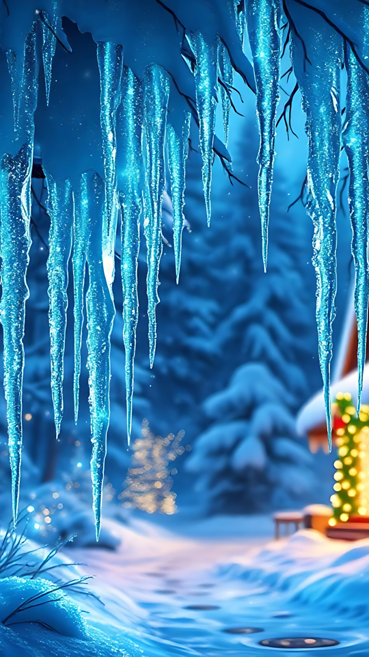 Istappar och upplyst julehamn Istappar som hänger från ett träd ramar in en snötäckt julby med glödande julbelysning.