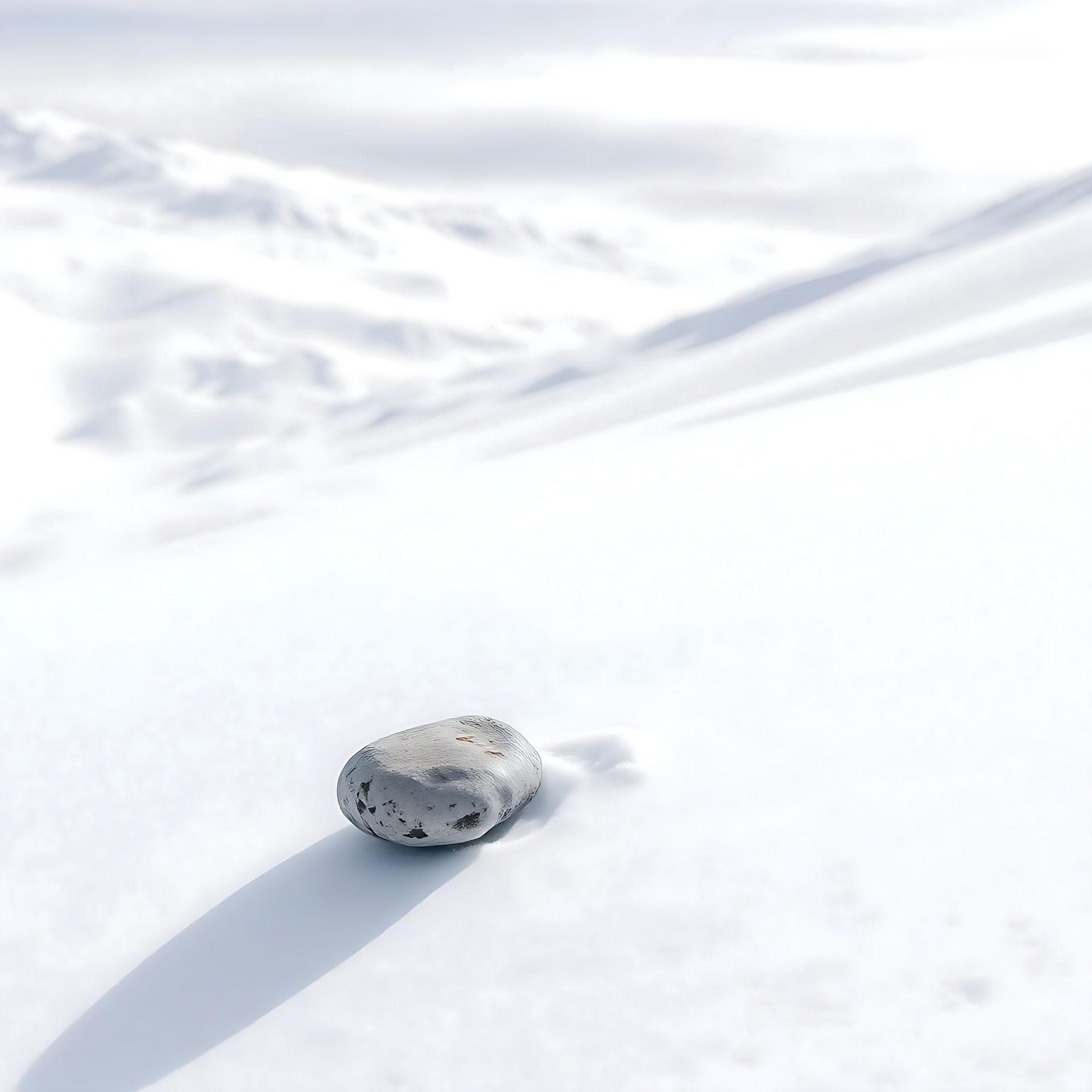 Solitary Stone in a Snowy Minimalist World A minimalistic landscape featuring a lone stone on a vast, snowy background.