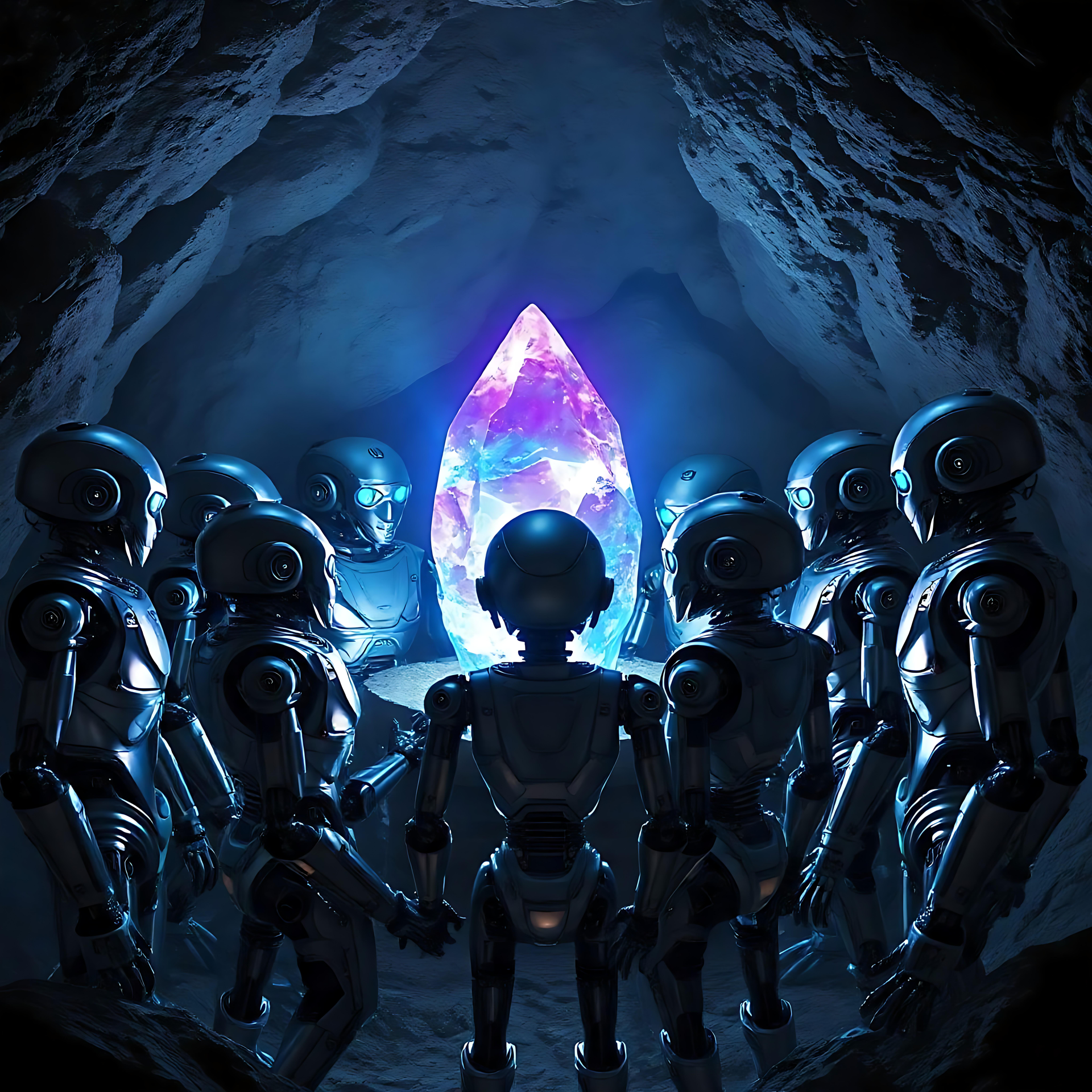 Wächter des kosmischen Kristalls Eine Gruppe von Robotern umkreist einen leuchtenden kosmischen Kristall in einer Höhle