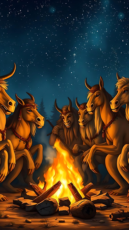 Reunião de Corcéis Encantados Sob um Céu Estrelado Cavalos encantados reunidos em torno de uma fogueira sob um céu estrelado em uma floresta mágica.