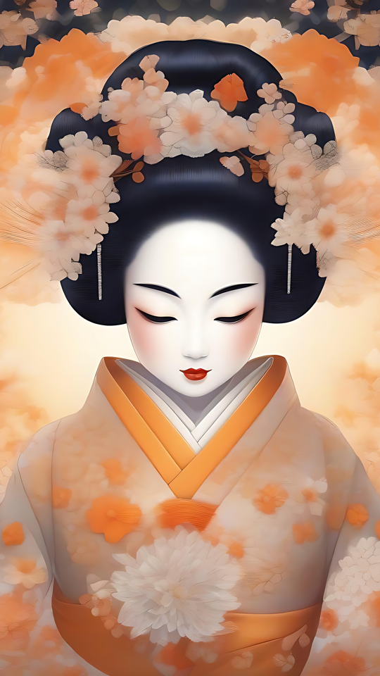 Ένα Εκπληκτικό Ανθισμένο Έργο Τέχνης Anime Geisha Έργο τέχνης anime με μια γκέισα ντυμένη με ένα πορτοκαλί κιμονό με θέμα λουλουδιών και περίτεχνο φόντο.