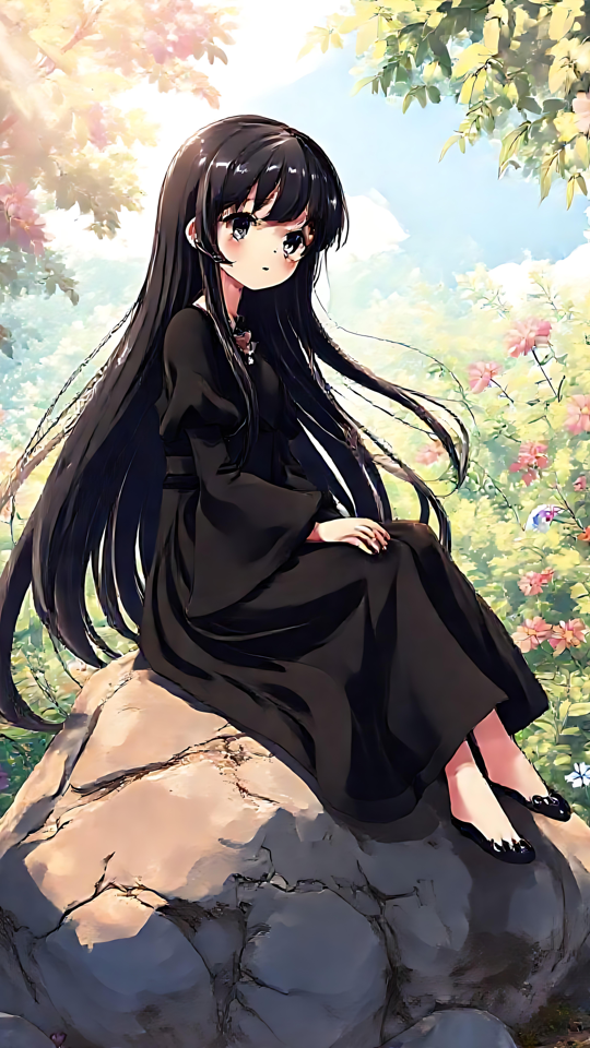 咲き誇る花の中の穏やかなアニメの少女 花に囲まれた草原の岩に座るアニメの少女。