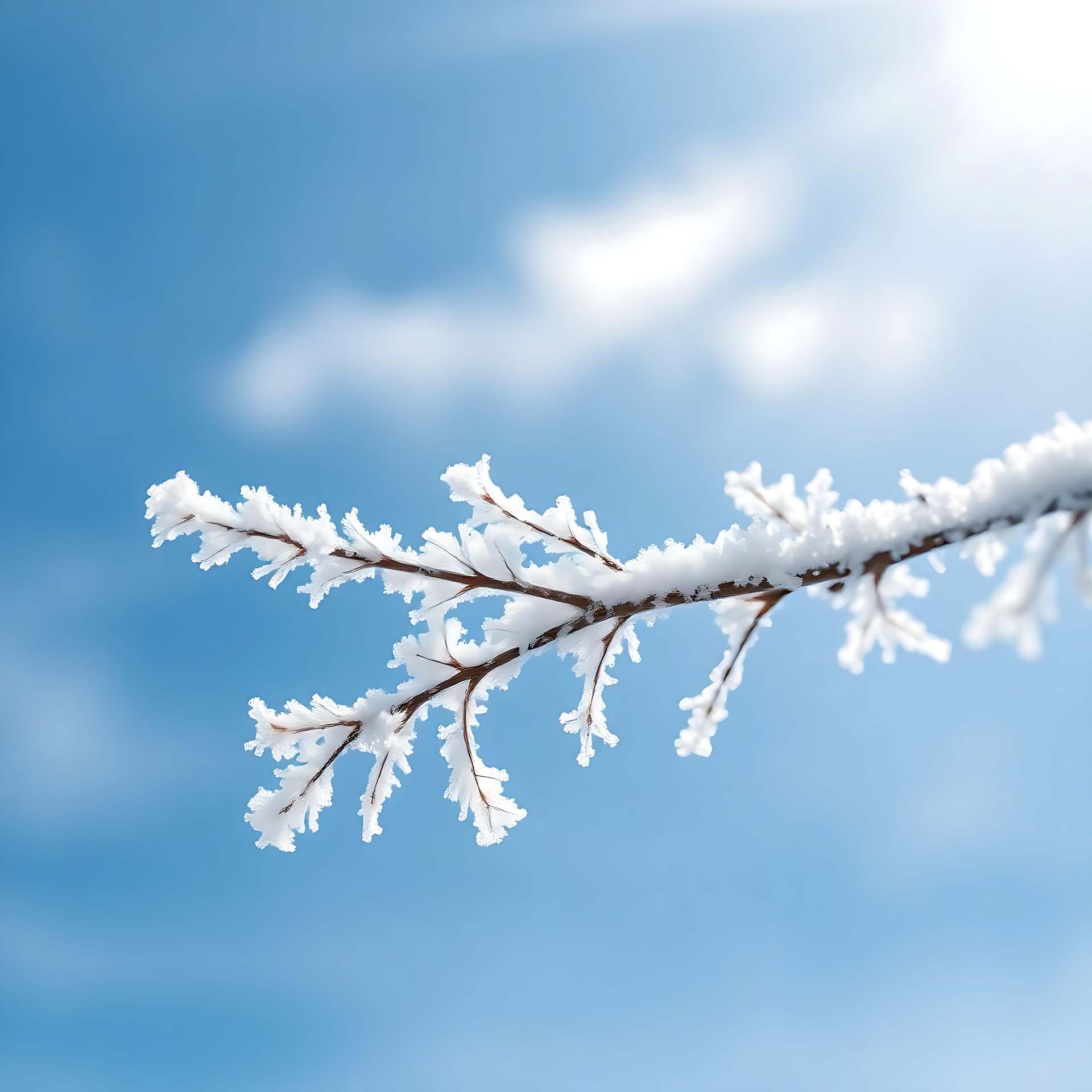 Eleganter gefrosteter Ast vor einem blauen Winterhimmel Ein gefrosteter Ast vor einem sanften blauen Winterhimmel, minimalistisch und elegant.
