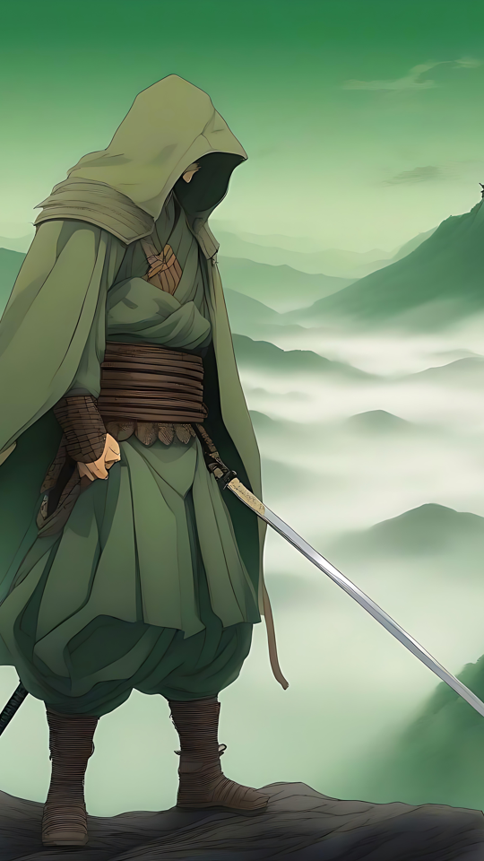 Beschatteter Ninja mit Blick auf Mystisches Tal Ein vermummter Ninja steht in einem nebligen grünen Tal mit einem Katana, im Hintergrund eine ferne Pagode