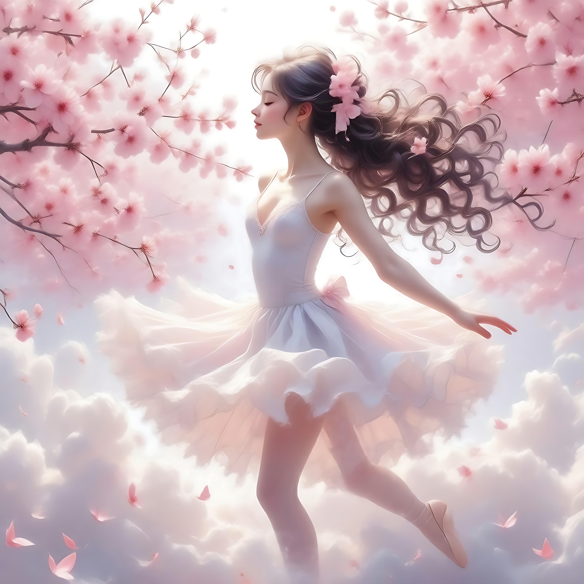 Inspiración Etérea de Ballet Anime Bailarina de anime grácilmente posada en medio de flores de cerezo contra un fondo de ensueño similar a una nube.