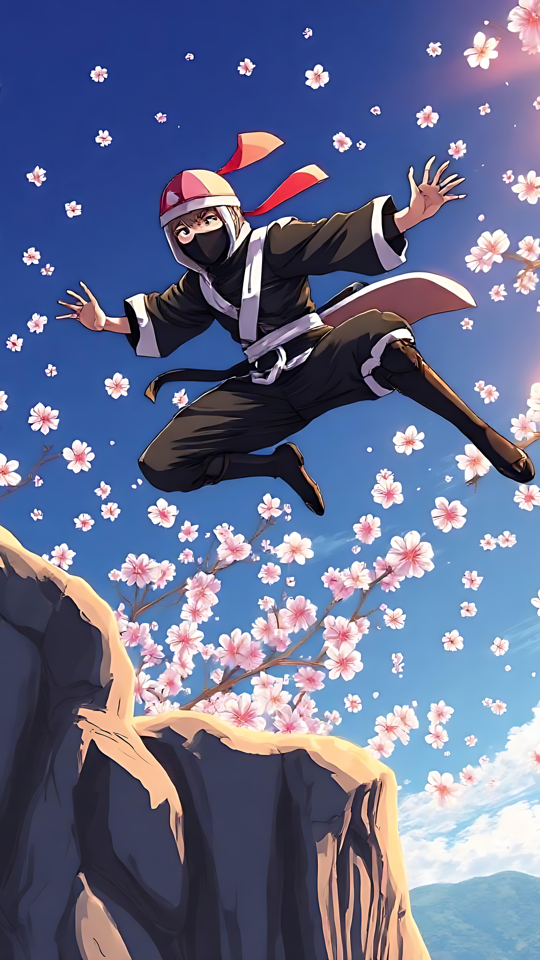 Ninjan hyppy kukkivan Sakuran läpi Anime-ninja hyppää vaaleanpunaisten kirsikankukkien keskellä 8K-laadulla