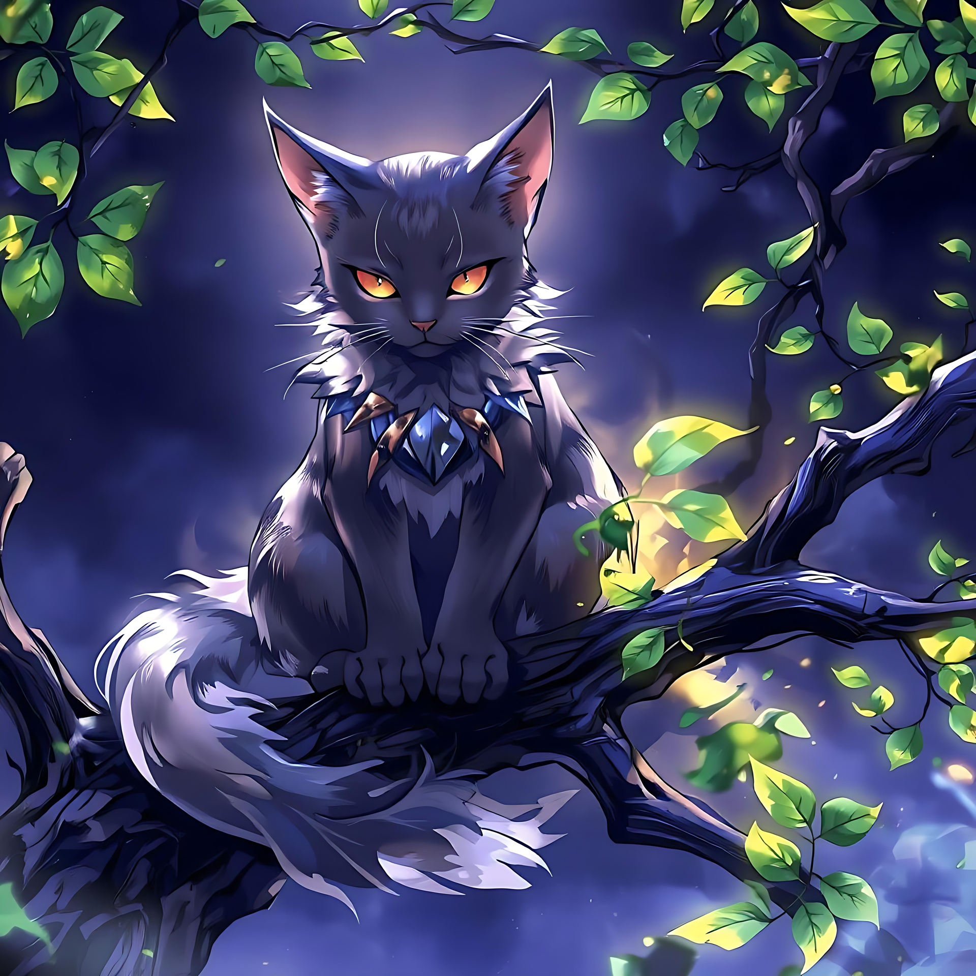 Mystisk Animekat Under Månbelyst Trækrone Animekat med glødende ravøjne på en månbelyst trægren omgivet af glødende blade.