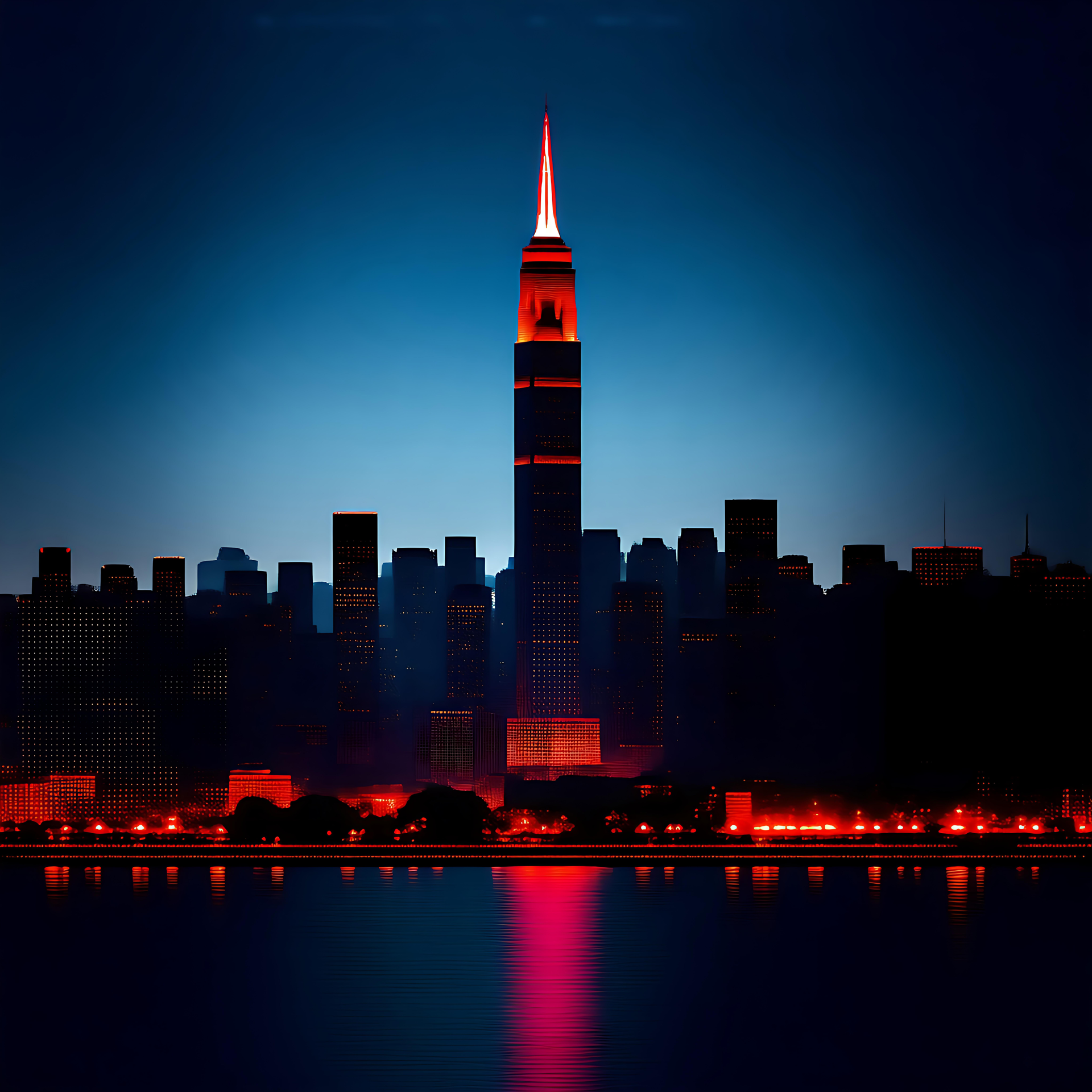Horizon Illuminé : Art Cyberpunk en Néon Un gratte-ciel néon lumineux au milieu d'une ligne d'horizon de ville cyberpunk avec vue sur l'eau.