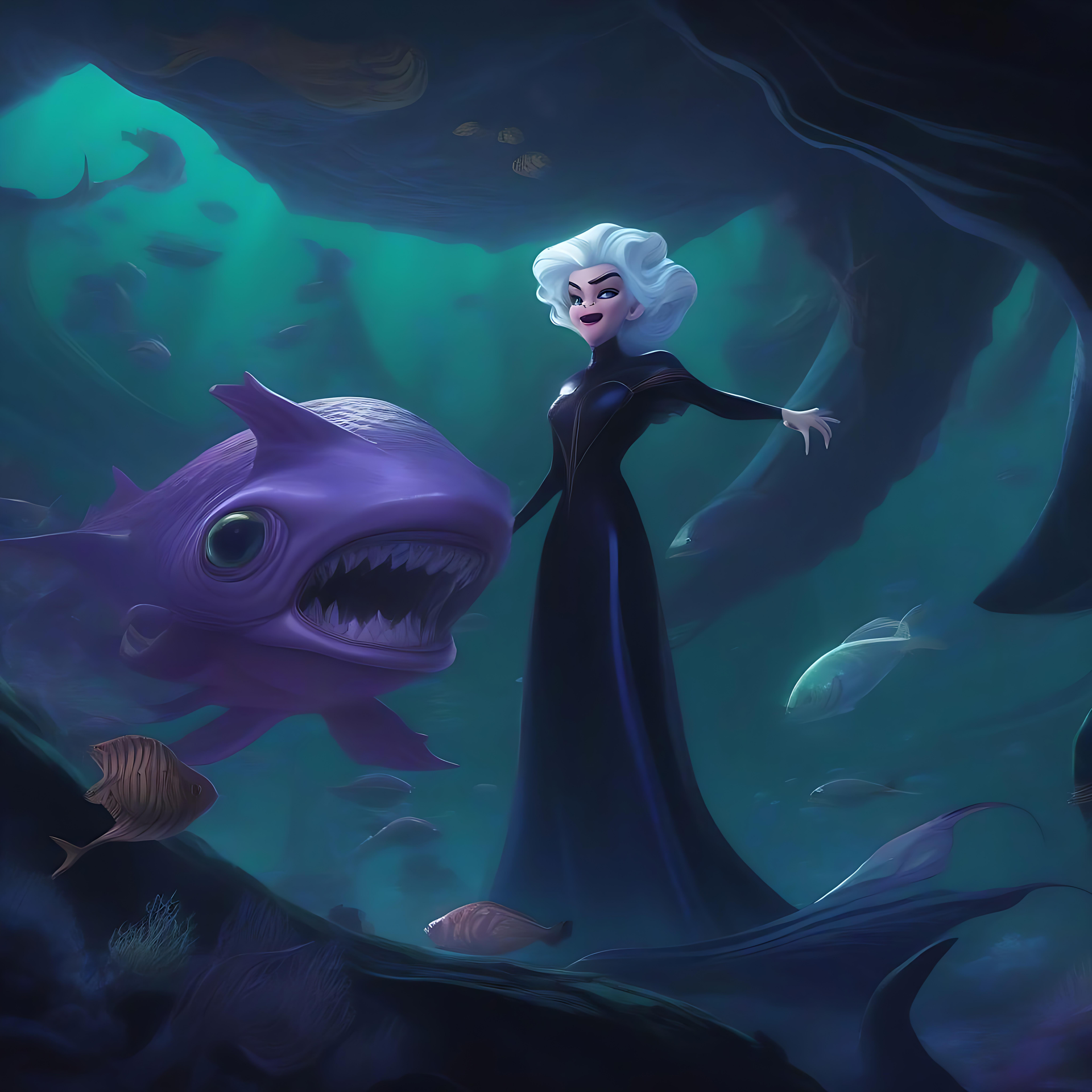 Tauchen Sie Ein in eine Atemberaubende Unterwasser-Fantasy Eine mysteriöse Unterwasserszene mit einer von Disney inspirierten Figur und einem leuchtenden, wilden Wasserkreatur.