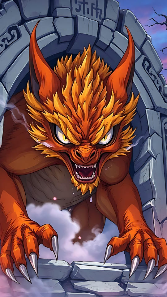 Unleashing the Fiery Anime Beast in Stunning Detail Fiery anime beast with glowing eyes escaping through a cracked stone archway in twilight.