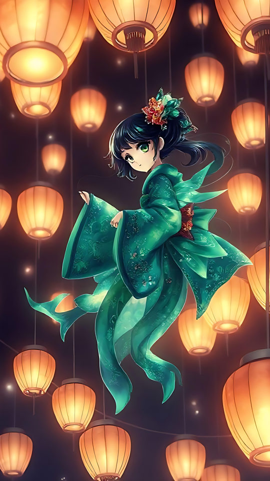 Fantasievolle Schönheit: Anime-Mädchen im Laternenglühen Anime-Mädchen im grünen Kimono, umgeben von leuchtenden Laternen.