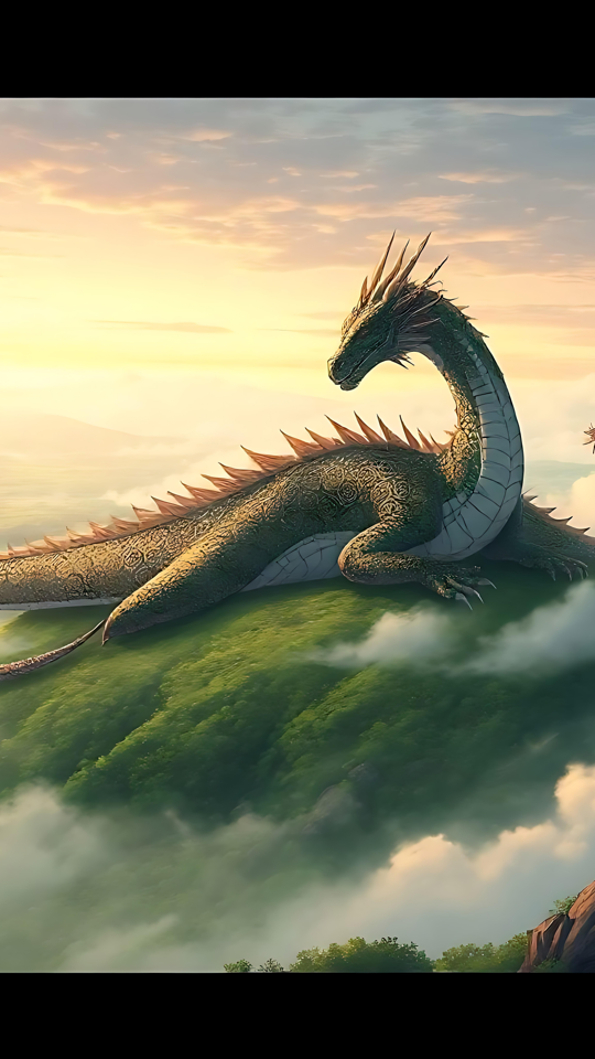 Dragão Majestoso em uma Terra de Fantasia Anime Um majestoso dragão estilo anime descansando no topo de uma colina verde nebulosa com luz dourada