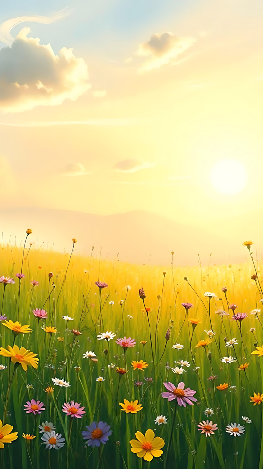 Golden Glow Over a Wildflower Paradise A scenic image of a sunlit wildflower meadow with a glowing sunset.