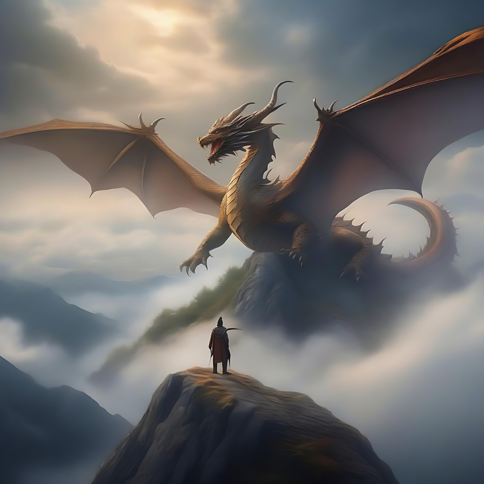Drachenwache: Eine mythische Konfrontation auf hohen Gipfeln Ein heldenhafter Ritter, der einem majestätischen Drachen auf nebligen Berggipfeln unter einem dramatischen Himmel gegenübersteht.