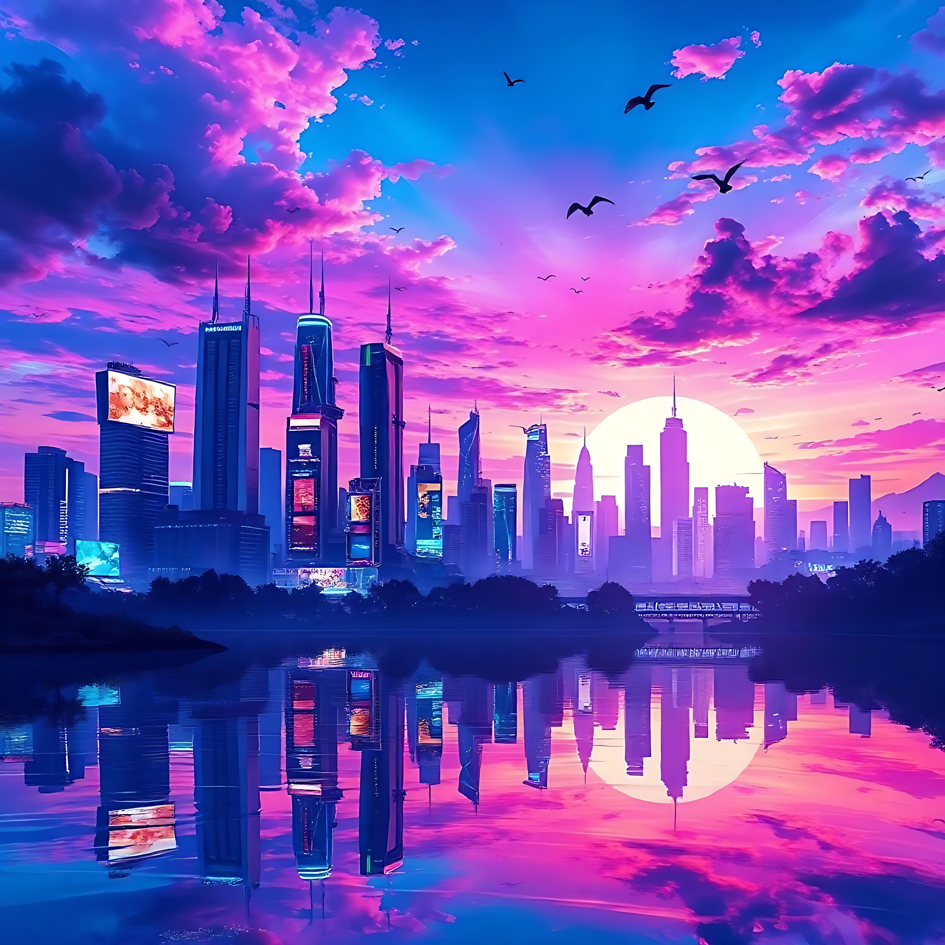 Neon-Träume: Anime-Stadtlandschaft bei Sonnenuntergang Eine lebendige Anime-Stadtlandschaft bei Sonnenuntergang mit Neonlichtern und Reflexionen.