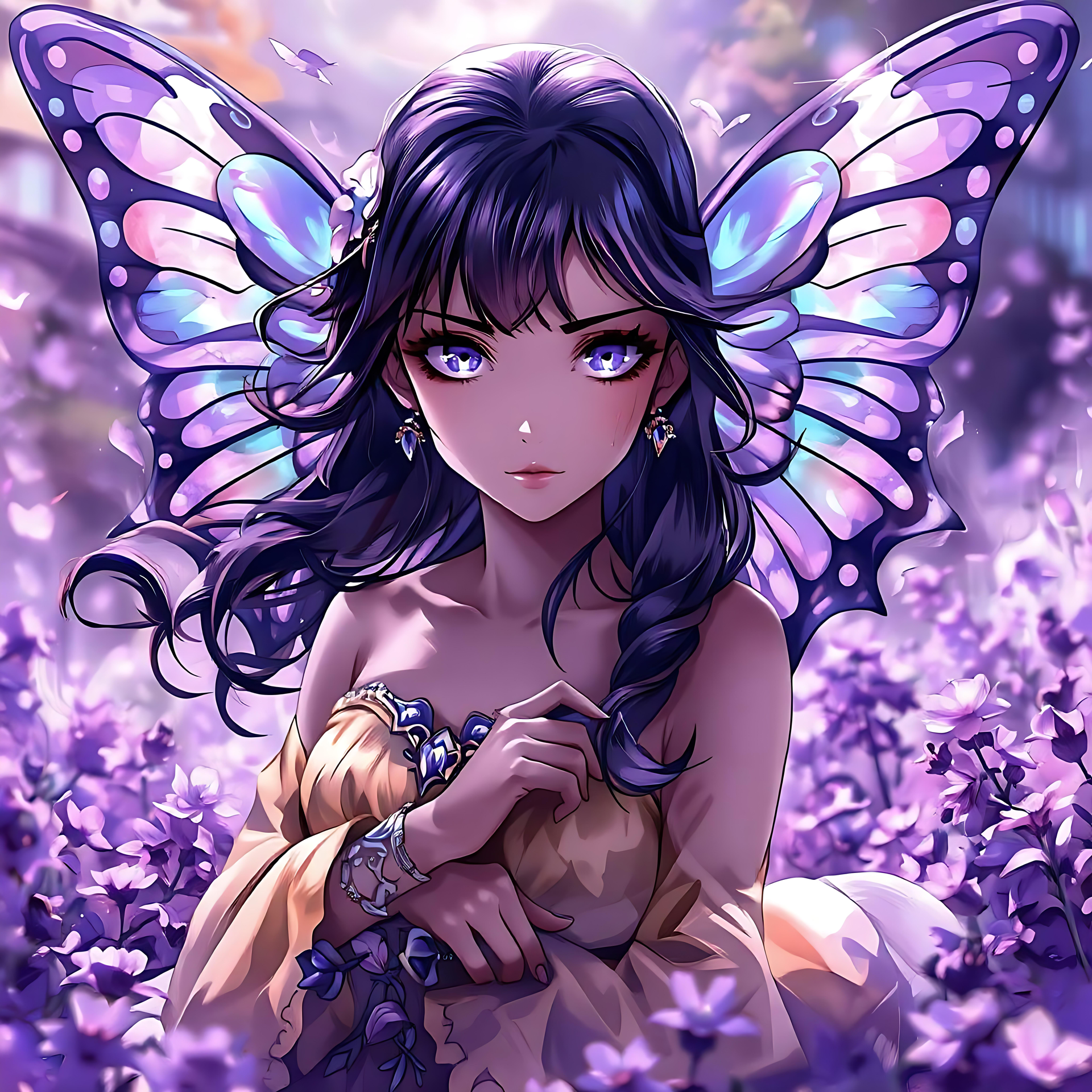 魔法の野原にいる幻想的なアニメ蝶の妖精 ラベンダー畑にいるパステルカラーの羽を持つ魔法のアニメ蝶の妖精