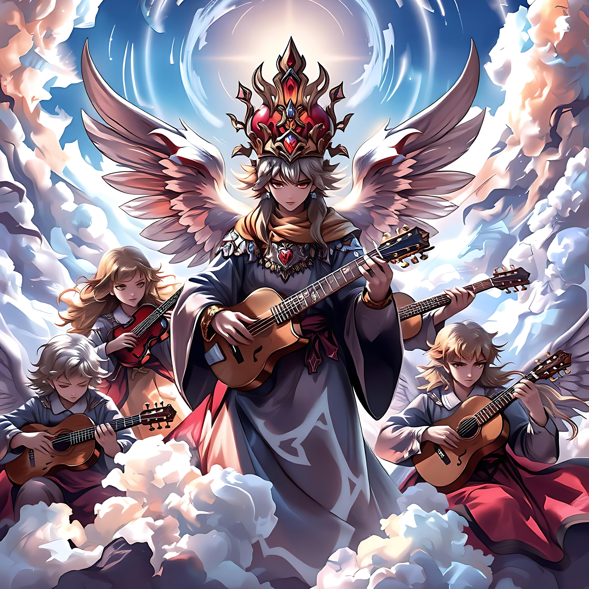 Änglalik Animeorkester med Gitarrer Änglalik animeorkester som spelar gitarr mitt bland himmelska moln under strålande ljus.
