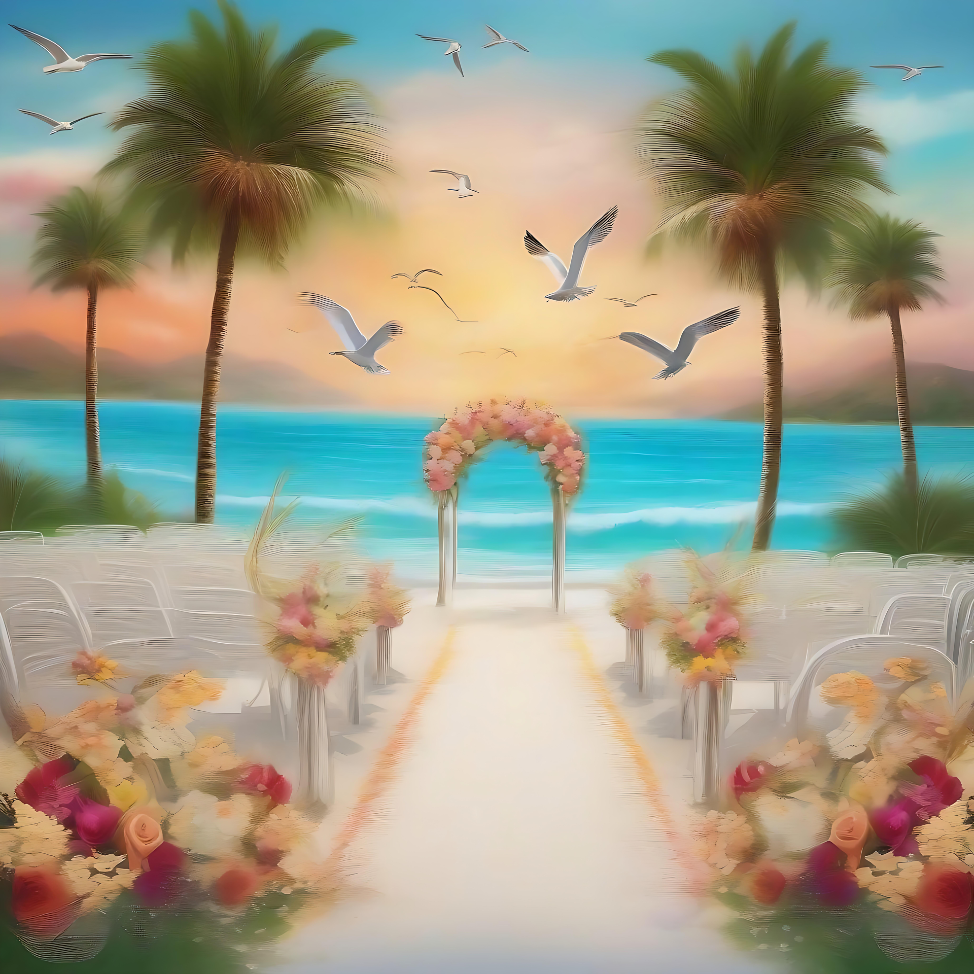 Casamento dos sonhos ao pôr do sol na praia com flores vibrantes Casamento romântico ao pôr do sol na praia com arco floral e cenário tropical.