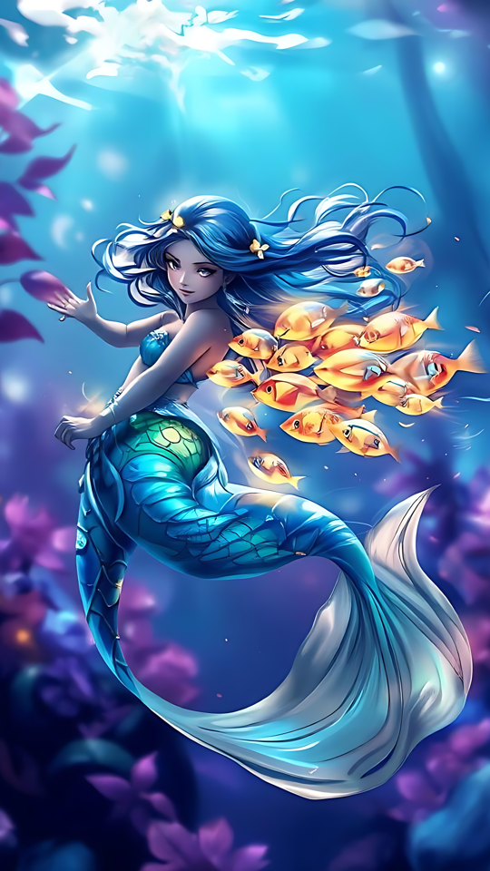 Sereia Etérea num Mundo Subaquático de Fantasia Arte anime de uma vibrante sereia subaquática rodeada por peixes dourados e corais brilhantes num cenário marinho de fantasia.