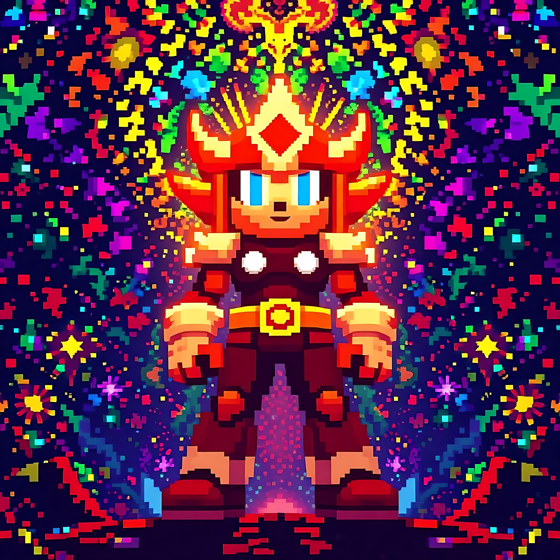 Guerrero de Videojuegos Pixel Art Retro en un Universo Colorido Guerrero de videojuegos en pixel art con vibrante armadura roja y dorada rodeado de un universo multicolor