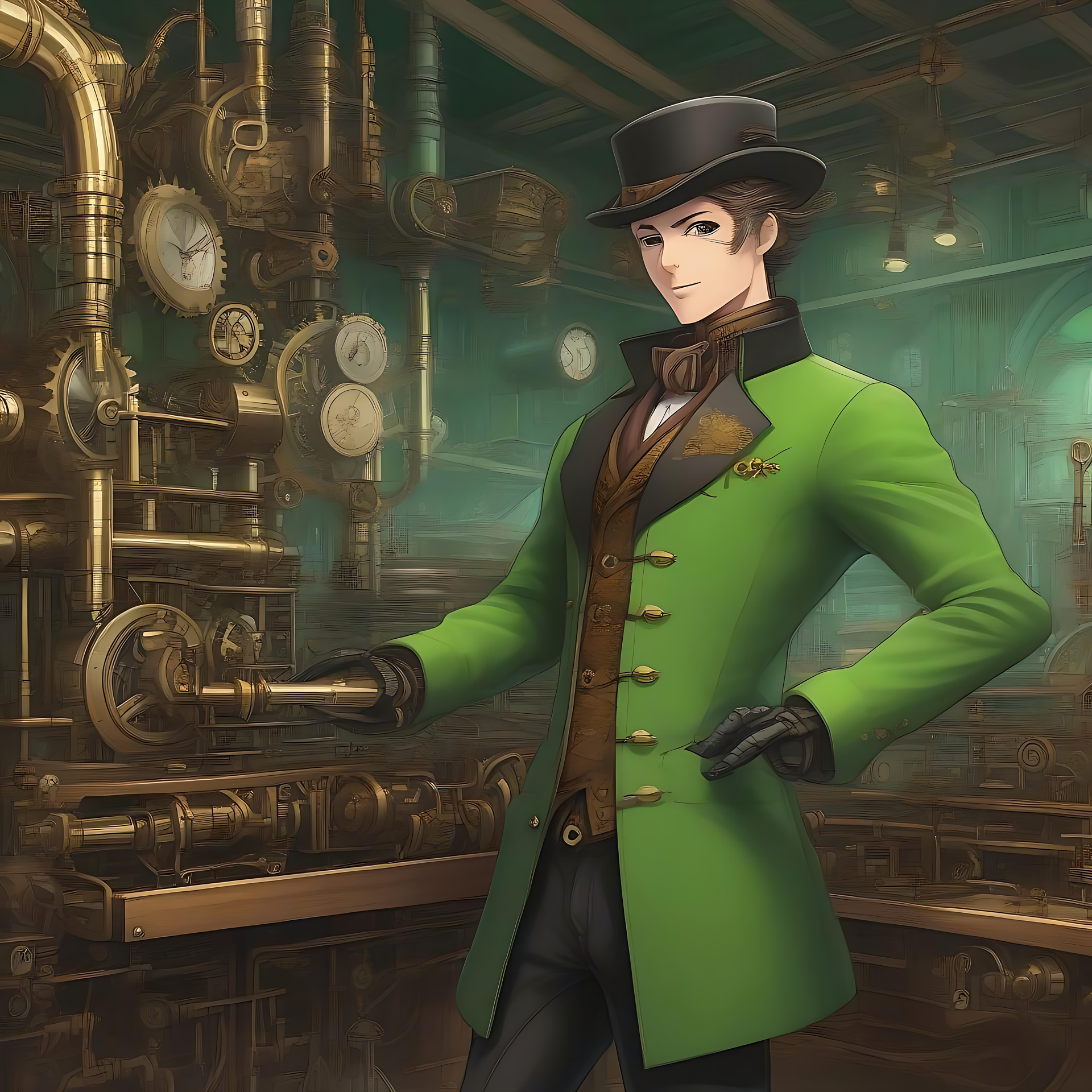 Steampunk Zarafeti: Anime Tarzında Şık Bir Beyefendi Endüstriyel makinelerle çevrili yeşil ceketli anime tarzı steampunk beyefendi