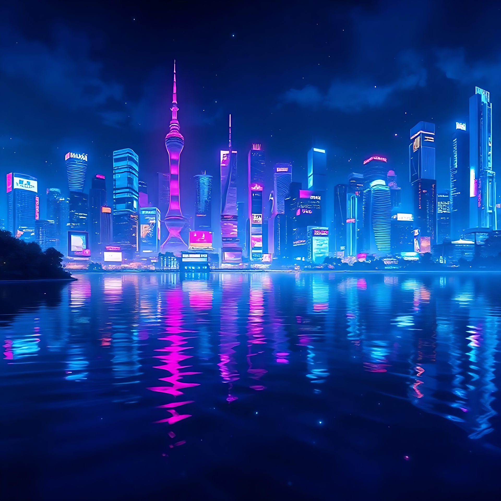 Erleben Sie das lebendige Leuchten eines futuristischen Anime-Stadtbildes Neon-Anime-inspirierte futuristische Stadtlandschaft, die sich im Wasser spiegelt.
