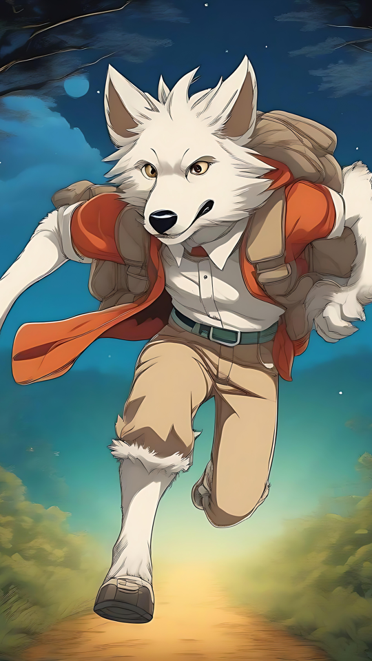 Ayışığında Kurt Anime Maceracı Anime ilhamı kurt karakteri geceleri ay parıldarken ormanda koşuyor.