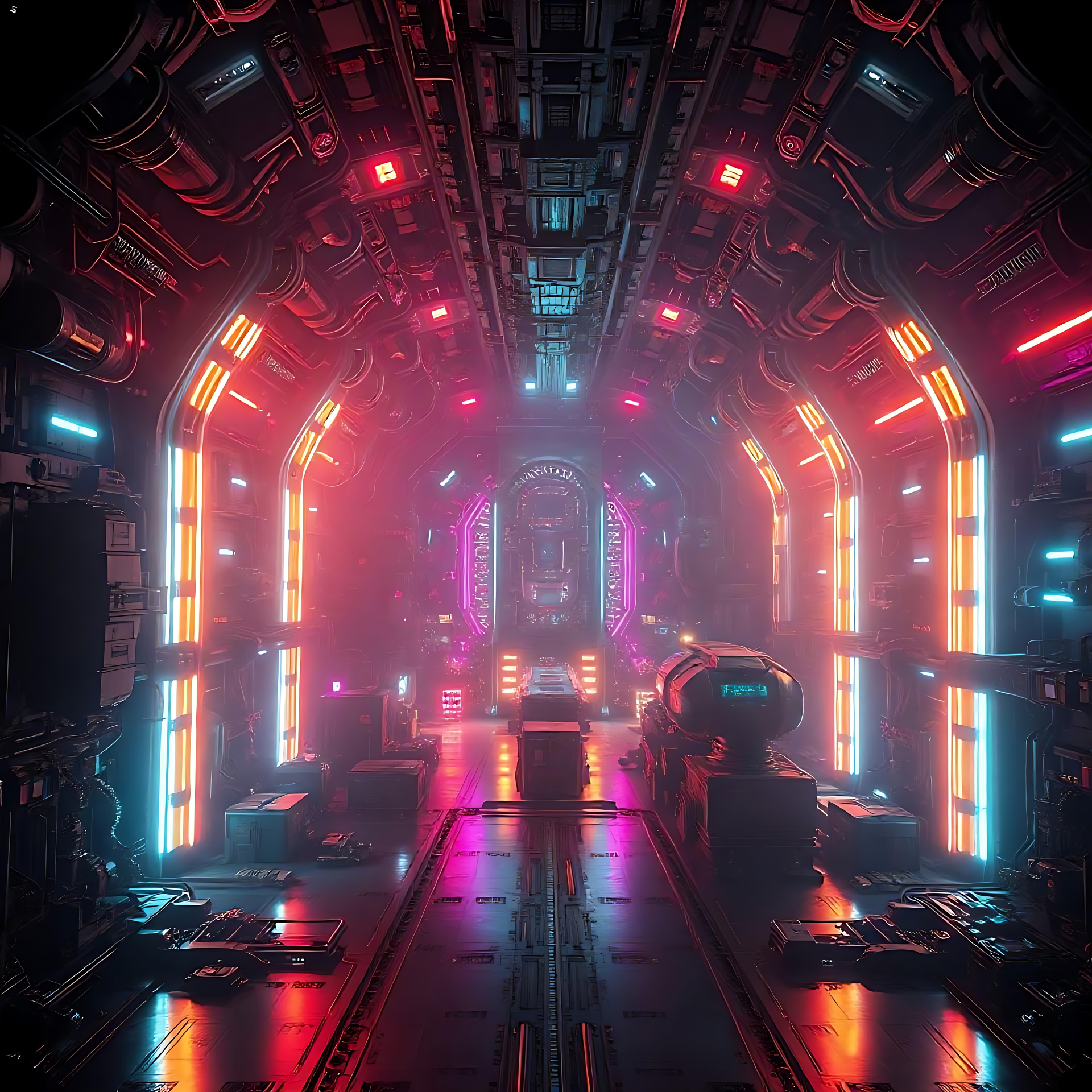Couloir de Science-Fiction Futuriste au Néon Un couloir de science-fiction futuriste illuminé par des néons orange, roses et bleus.