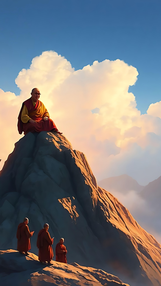 Monjes Meditando al Amanecer en una Cumbre Majestuosa Monjes meditando en la cima de una montaña con nubes y luz serena del amanecer.