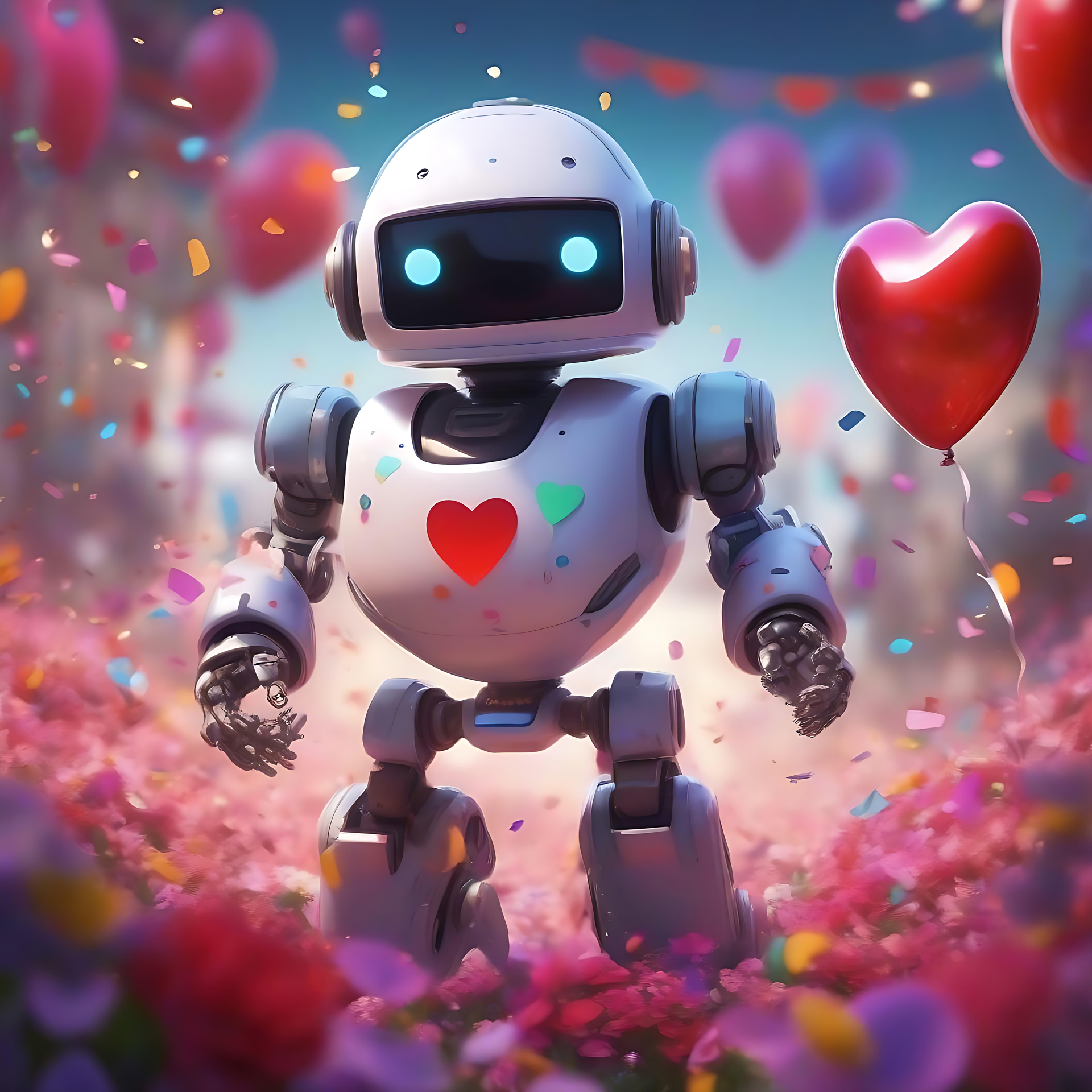 Celebra L'Amore Con Questo Adorabile Sfondo Robot Robot amabile circondato da palloncini e petali in una celebrazione romantica.