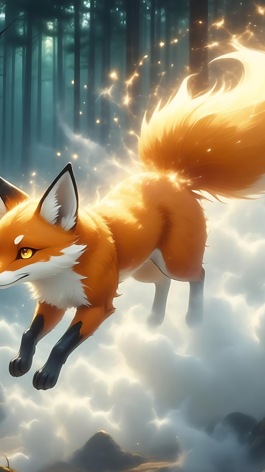 Den Mystiske Ræv i Den Fortryllede Skov Anime ræv der springer i en glødende magisk skov