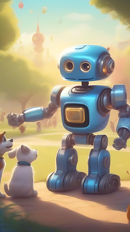 Robot Réconfortant Saluant des Chiens dans un Parc Ensoleillé Un robot bleu interagissant avec des chiens dans une scène de parc ensoleillé.