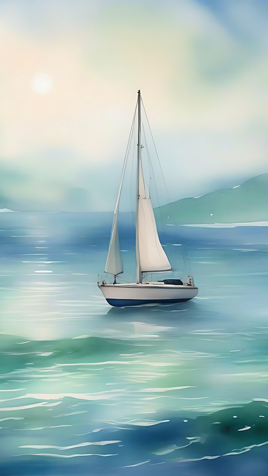 Belleza Serena de un Velero en Aguas Brumosas Un velero tranquilo flotando en aguas brumosas y relucientes con suaves colinas a la distancia.