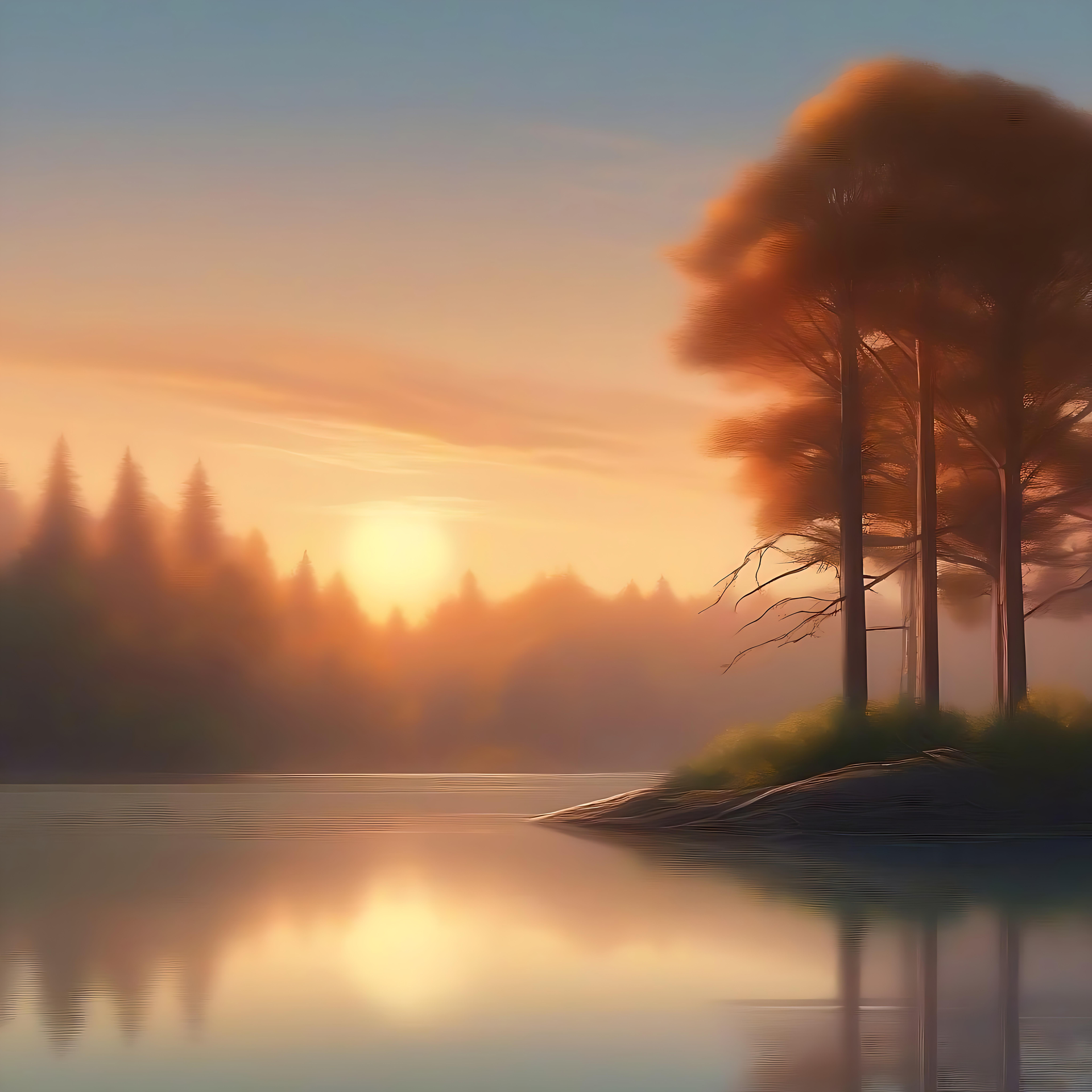 反射する水面上の穏やかな夕日 穏やかな水面に映る穏やかな夕焼け、前景には木々があります。