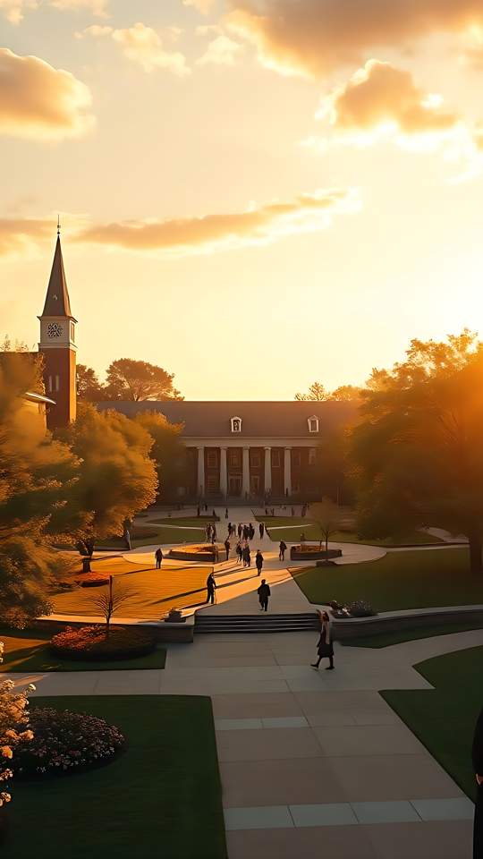 Dimissionsglød: Et fredfyldt campus ved solnedgang En rolig universitets campus, der gløder ved solnedgang med silhuetter af dimittender i forgrunden.