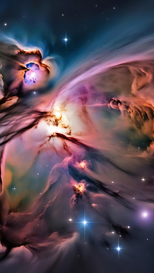 Danse Onirique des Couleurs dans la Nébuleuse Stellaire Nébuleuse colorée tourbillonnante dans l'espace profond avec des étoiles dispersées autour.